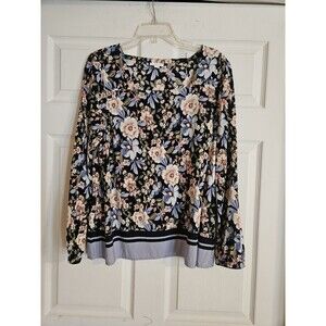 J Jill Blue Black Floral Print Square Neck Rayon Top Size Large Long Sleeve